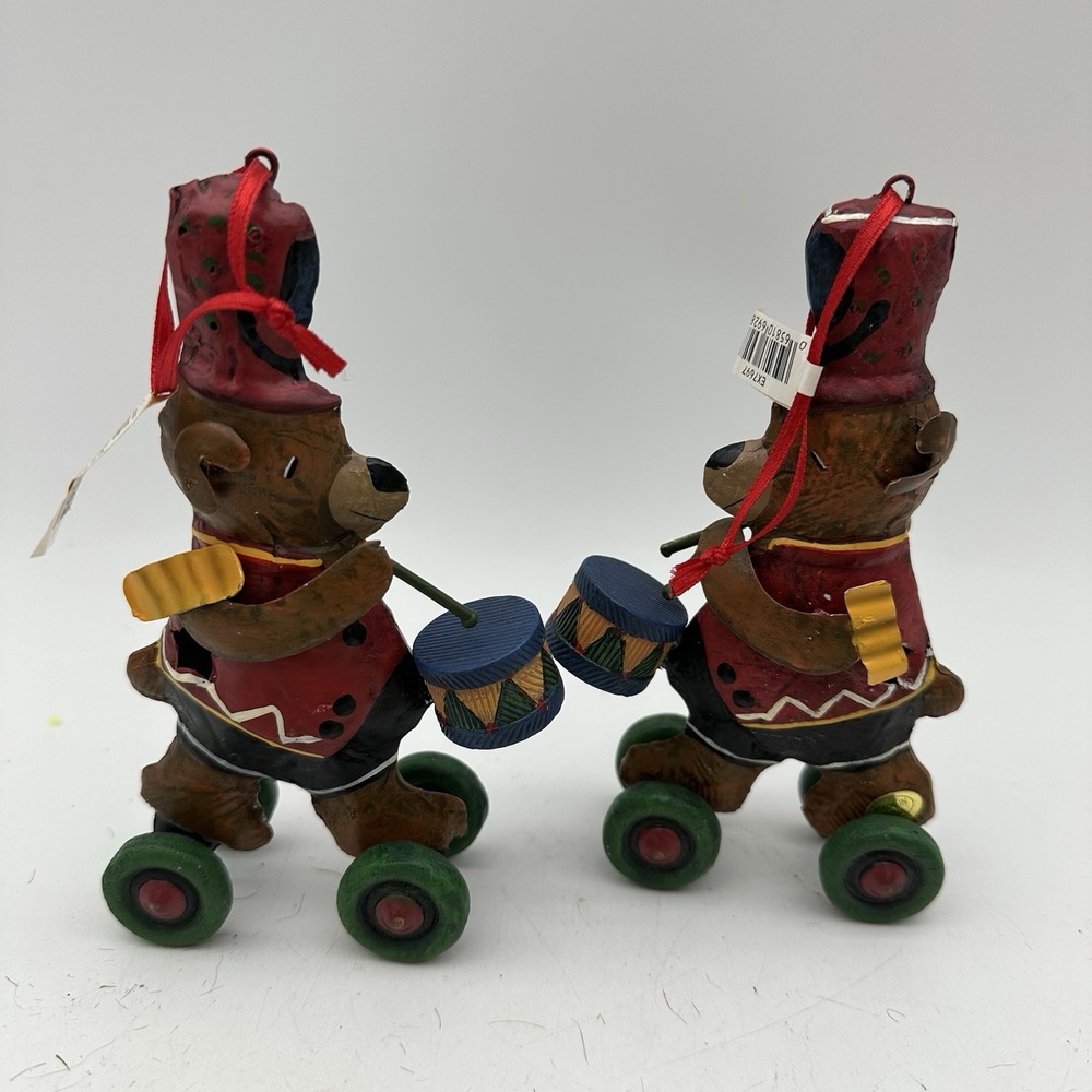 Vintage Set Of 2 Metal Christmas Ornament Drummer Bear On Wheels 5.5" Tall